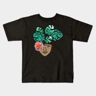 Surreal Monstera House Plant Person with Pink Rose Kids T-Shirt